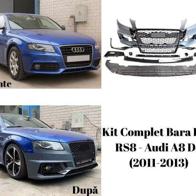 Comparație între aspectul original și cel sportiv după montajul kitului RS4 Look pe Audi A4 B8, vedere din unghi stânga-față.