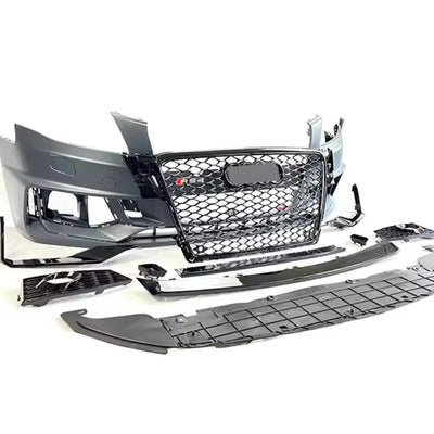 Imagine din unghi lateral a kitului RS4 Look pentru Audi A4 B8, cu bara față sportivă, grilă centrală tip fagure și toate componentele necesare instalării.