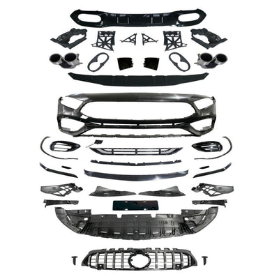 Piesele incluse în kitul caroserie A45 AMG Look pentru Mercedes A-Class W177 Sedan 2018–2022, vedere completă a componentelor