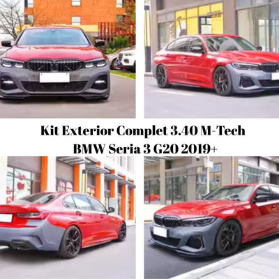 BMW Seria 3 G20 echipat cu kit exterior M-Tech 3.40, imagine comparativă înainte și după instalare, cu unghiuri frontale și laterale, aspect sportiv