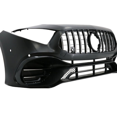 Imagine de ansamblu cu piesele incluse în pachetul de bară față A45 AMG – compatibilă cu Mercedes A-Class W177 (2019+), fabricată din polipropilenă durabilă.