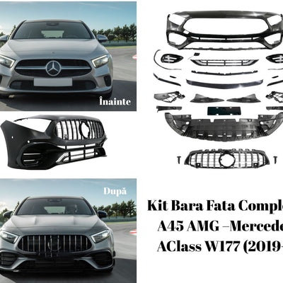 Colaj înainte/după upgrade A45 AMG pe A-Class W177 – bară față cu grilă Panamericana, toate componentele din kit prezentate vizual.