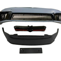 Kit complet aftermarket pentru Volkswagen Golf 7 MK7 (2012–2018), include bară față R400 Design, grilă centrală neagră cu detalii roșii, splitter inferior și suport număr.