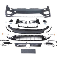 Imagine cu kit complet bară față și grilă R Design pentru Volkswagen Golf 7 și 7.5 (2012–2020), piesele fiind prezentate separat, incluzând bara față, grilele centrale și laterale, suporturi și accesorii, fabricate din polipropilenă rezistentă.