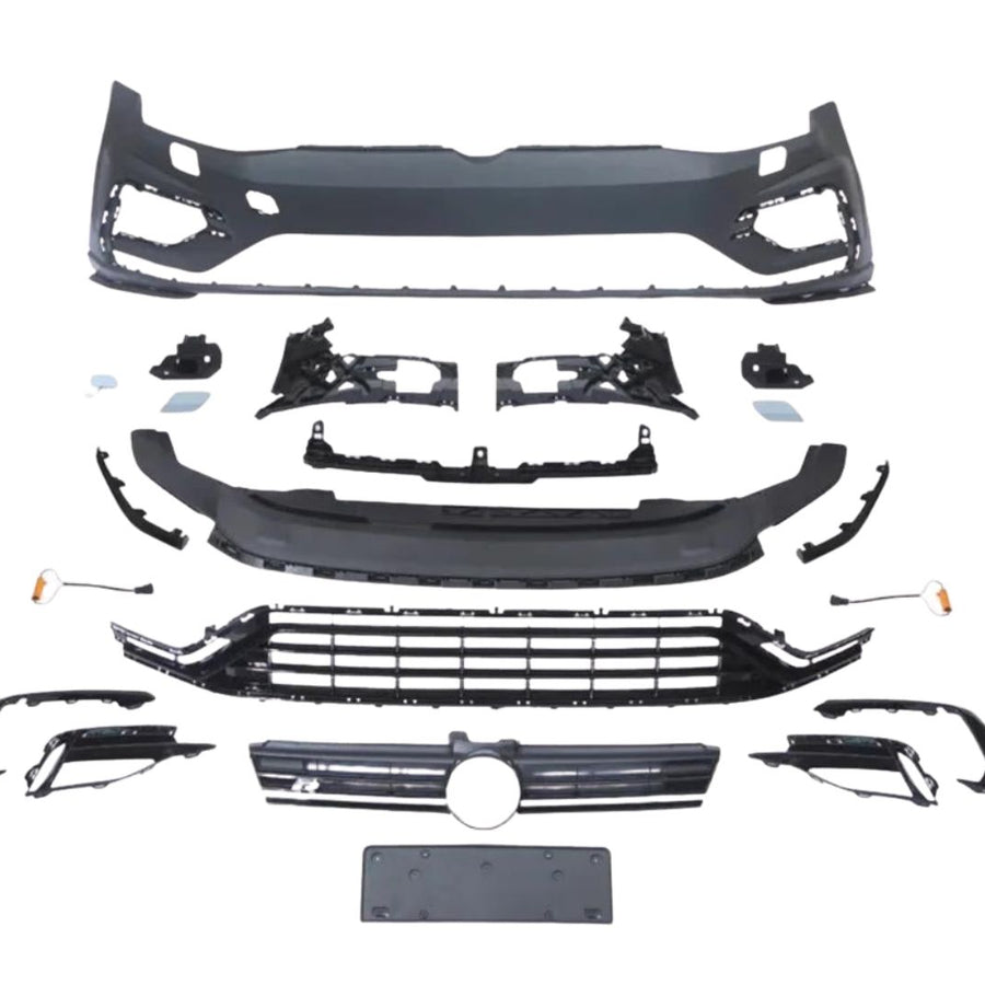 Imagine cu kit complet bară față și grilă R Design pentru Volkswagen Golf 7 și 7.5 (2012–2020), piesele fiind prezentate separat, incluzând bara față, grilele centrale și laterale, suporturi și accesorii, fabricate din polipropilenă rezistentă.