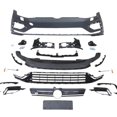Imagine cu kit complet bară față și grilă R Design pentru Volkswagen Golf 7 și 7.5 (2012–2020), piesele fiind prezentate separat, incluzând bara față, grilele centrale și laterale, suporturi și accesorii, fabricate din polipropilenă rezistentă.
