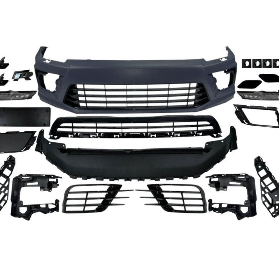 Pachet complet bară față și grilă sport aftermarket compatibil cu Volkswagen Scirocco 2015+, conține toate piesele necesare pentru upgrade estetic.