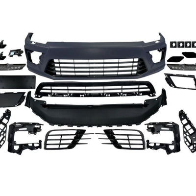 Pachet complet bară față și grilă sport aftermarket compatibil cu Volkswagen Scirocco 2015+, conține toate piesele necesare pentru upgrade estetic.