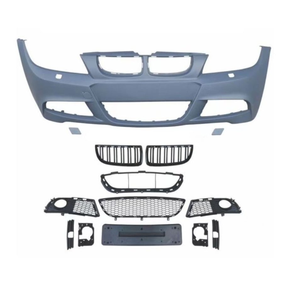  Kit bară față compatibil BMW E90 LCI (2008–2012) – include grile, suport număr, mască proiectoare și elemente de montaj