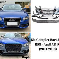 Vedere de sus a kitului complet bara față RS4 Look pentru Audi A4 B8, incluzând grilă tip fagure, elemente de fixare, spoilere laterale și protecții inferioare.

