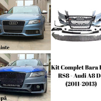 Vedere de sus a kitului complet bara față RS4 Look pentru Audi A4 B8, incluzând grilă tip fagure, elemente de fixare, spoilere laterale și protecții inferioare.

