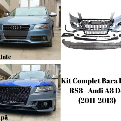 Colaj foto cu imagini frontale ale unui Audi A4 B8 înainte și după montarea kitului complet RS4 Look, incluzând bara față, grilă tip fagure și accesorii.