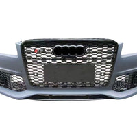 Vedere de sus a kitului complet bara față RS4 Look pentru Audi A4 B8, incluzând grilă tip fagure, elemente de fixare, spoilere laterale și protecții inferioare.

