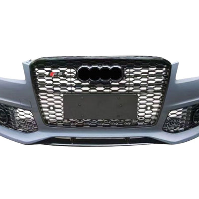Imagine frontală a kitului complet de bara față RS4 Look pentru Audi A4 B8 (2008–2012), fabricat din polipropilenă durabilă, cu grilă centrală tip fagure, locuri pentru proiectoare și design sportiv.