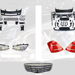 Kit exterior complet AMG look pentru Mercedes-Benz S-Class W221 – bară față, bară spate, faruri LED, stopuri LED, grilă cromată