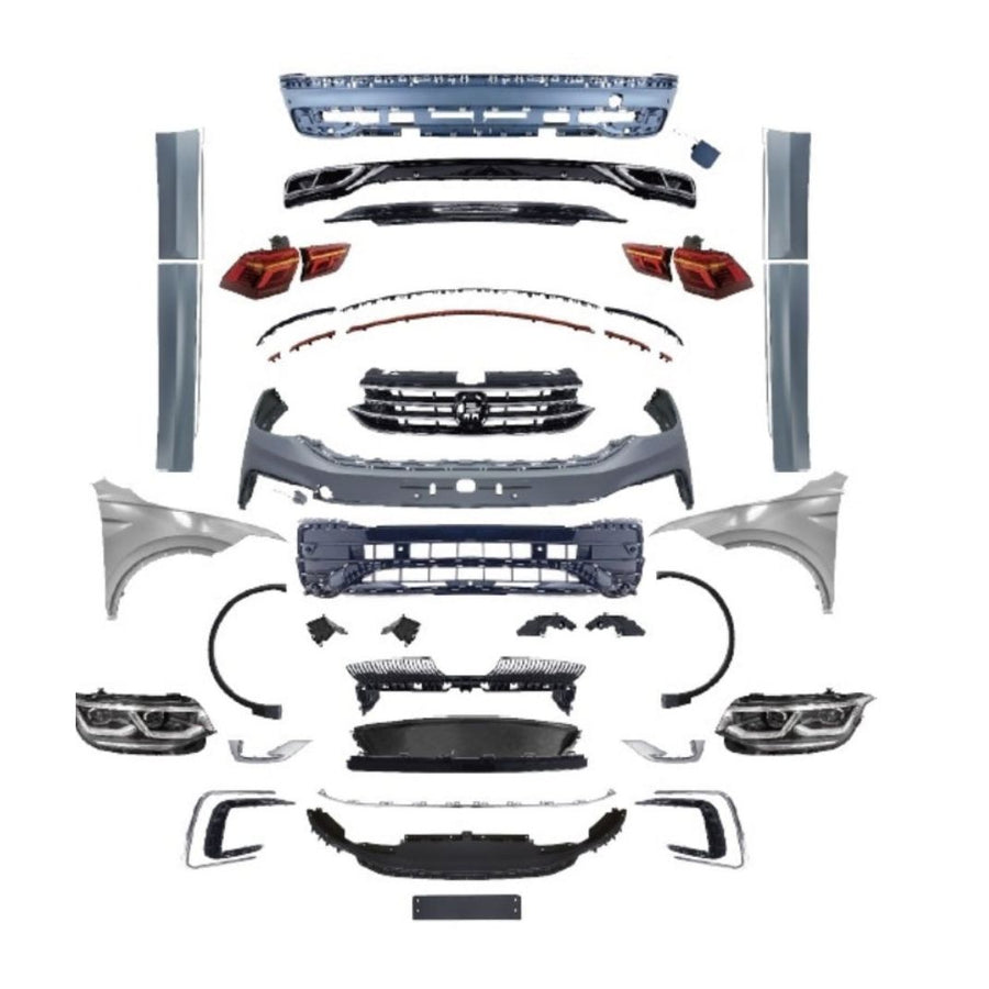 Pachet complet upgrade estetic Volkswagen Tiguan 2016-2020, conversie facelift R-Line cu bare, grile, faruri, stopuri, aripi și ornamente.