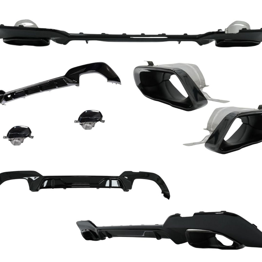 Imagine de prezentare cu toate componentele incluse: difuzor M, ornamente de eșapament și prinderi. Compatibil doar cu BMW Seria 3 G20 (2019+) 340i. Accesoriu de tuning sport.