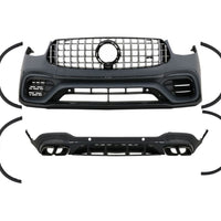Kit exterior complet AMG 63S pentru Mercedes GLC X253 2020+, include bare față/spate, grilă, ornamente evacuare și prelungiri aripi.