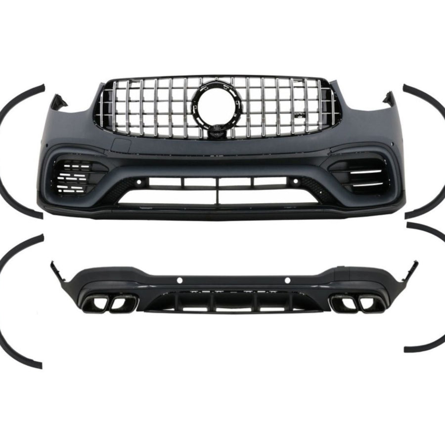 Kit exterior complet AMG 63S pentru Mercedes GLC X253 2020+, include bare față/spate, grilă, ornamente evacuare și prelungiri aripi.