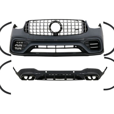 Kit exterior complet AMG 63S pentru Mercedes GLC X253 2020+, include bare față/spate, grilă, ornamente evacuare și prelungiri aripi.