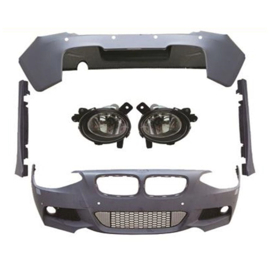 Imagine detaliată cu toate componentele din kitul M-Tech pentru BMW F20, inclusiv bară față, bară spate, praguri laterale și proiectoare ceată – compatibil cu modelele 2012-2015, fabricat din polipropilenă rezistentă.
