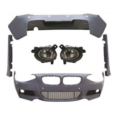 Imagine detaliată cu toate componentele din kitul M-Tech pentru BMW F20, inclusiv bară față, bară spate, praguri laterale și proiectoare ceată – compatibil cu modelele 2012-2015, fabricat din polipropilenă rezistentă.
