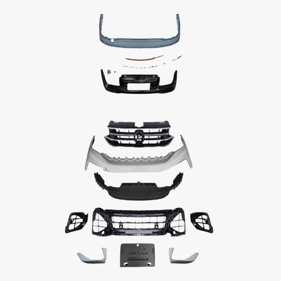 Kit R Design aftermarket pentru Volkswagen Tiguan, vedere de sus cu toate componentele frontale și posterioare incluse: bare, grile, difuzor, ornamente.