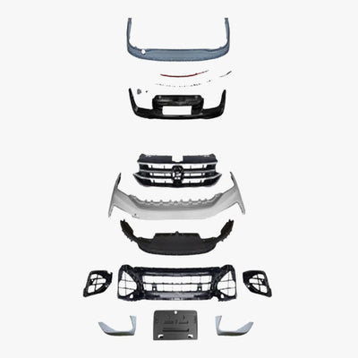Kit R Design aftermarket pentru Volkswagen Tiguan, vedere de sus cu toate componentele frontale și posterioare incluse: bare, grile, difuzor, ornamente.