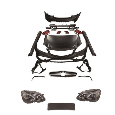 Kit exterior complet E63 AMG look pentru Mercedes E-Class W212 (2009–2012), include bare, capotă, faruri și stopuri LED