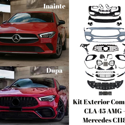 Comparație înainte și după montaj kit CLA 45 AMG pe Mercedes CLA C118 – upgrade exterior față cu look sportiv AMG