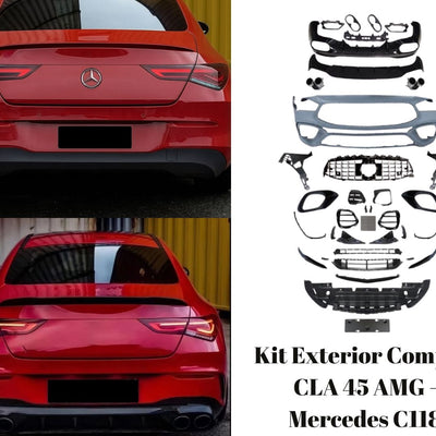 Comparație vizuală spate Mercedes CLA C118 înainte și după montaj kit exterior CLA 45 AMG cu difuzor și evacuare dublă