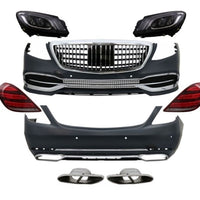 Pachet complet kit exterior Maybach Look pentru Mercedes-Benz S-Class W222 (2013–2020), cu bare față/spate, grilă, faruri, stopuri și ornamente evacuare