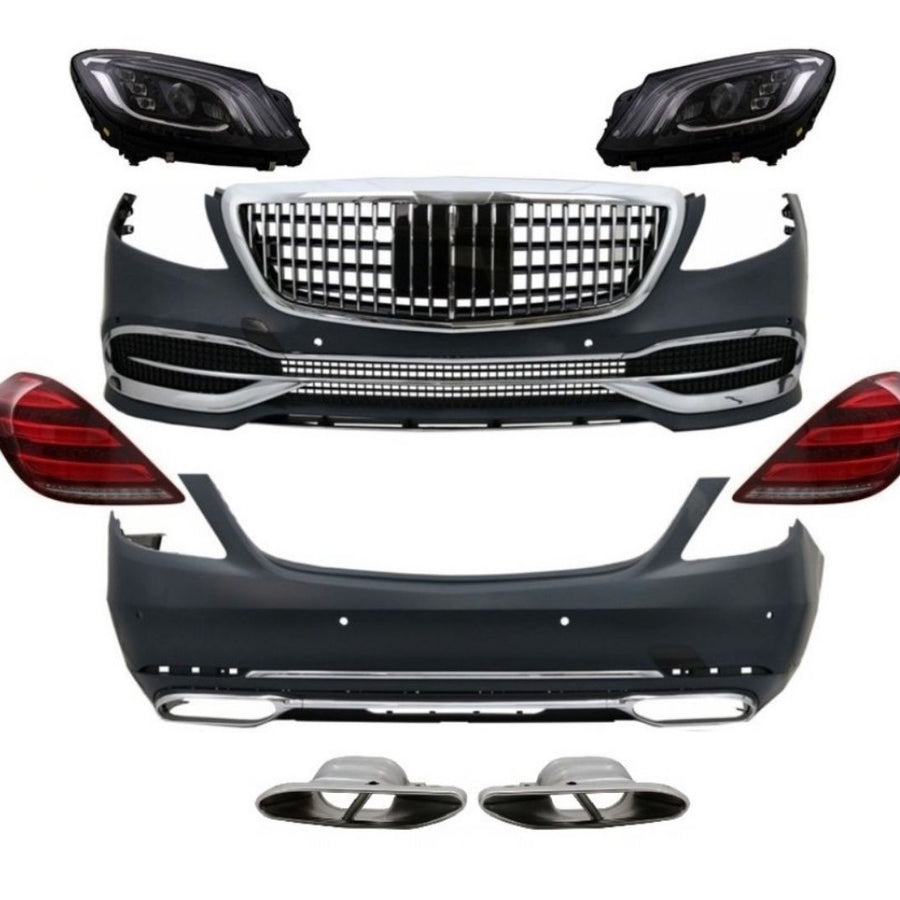 Pachet complet kit exterior Maybach Look pentru Mercedes-Benz S-Class W222 (2013–2020), cu bare față/spate, grilă, faruri, stopuri și ornamente evacuare