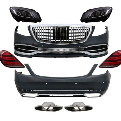 Pachet complet kit exterior Maybach Look pentru Mercedes-Benz S-Class W222 (2013–2020), cu bare față/spate, grilă, faruri, stopuri și ornamente evacuare