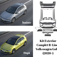 Set complet de piese pentru kit exterior R-Line Volkswagen Golf 8 (2020+), prezentare desfășurată cu toate componentele incluse: bare, grile, difuzoare, elemente decorative și accesorii de montaj.