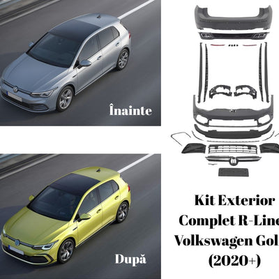 Comparație înainte și după montaj pentru kit exterior R-Line compatibil Volkswagen Golf 8 (2020+), cu diferențe vizibile la designul barei față, spate și praguri laterale.