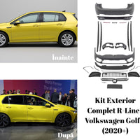 Set complet de piese pentru kit exterior R-Line Volkswagen Golf 8 (2020+), prezentare desfășurată cu toate componentele incluse: bare, grile, difuzoare, elemente decorative și accesorii de montaj.