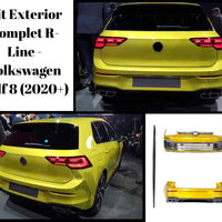 Set complet de piese pentru kit exterior R-Line Volkswagen Golf 8 (2020+), prezentare desfășurată cu toate componentele incluse: bare, grile, difuzoare, elemente decorative și accesorii de montaj.