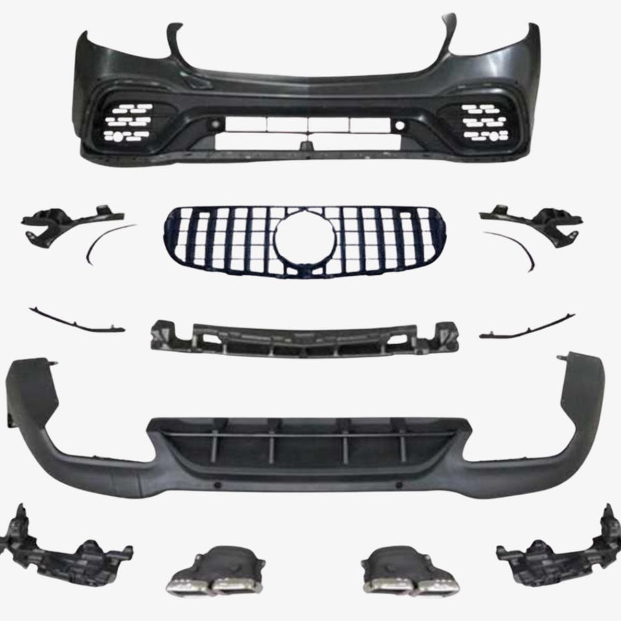 Kit exterior complet AMG63S pentru Mercedes GLC X253, include bară față, bară spate, grilă Panamericana și ornamente evacuare – upgrade sportiv.