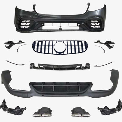 Kit exterior complet AMG63S pentru Mercedes GLC X253, include bară față, bară spate, grilă Panamericana și ornamente evacuare – upgrade sportiv.
