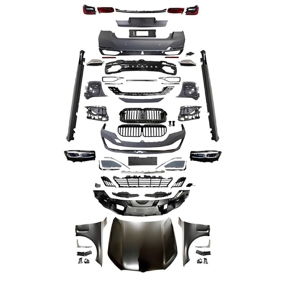 Kit exterior tuning G12 LCI pentru BMW G12 pre LCI – set complet upgrade sport față/spate, capotă, faruri și stopuri LED