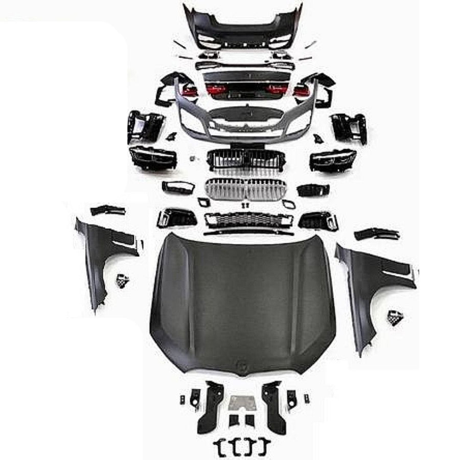 Pachet complet conversie BMW Seria 7 F01/F02 în G12 LCI, include bara față, capotă, aripi, grile, stopuri și faruri LED – aspect modern 2022