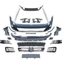 Set complet piese caroserie kit exterior GTI compatibil cu Volkswagen Golf 7 (2013-2017), prezentare din unghi superior, incluzând bare față și spate, grile, spoilere și accesorii din polipropilenă de înaltă calitate.