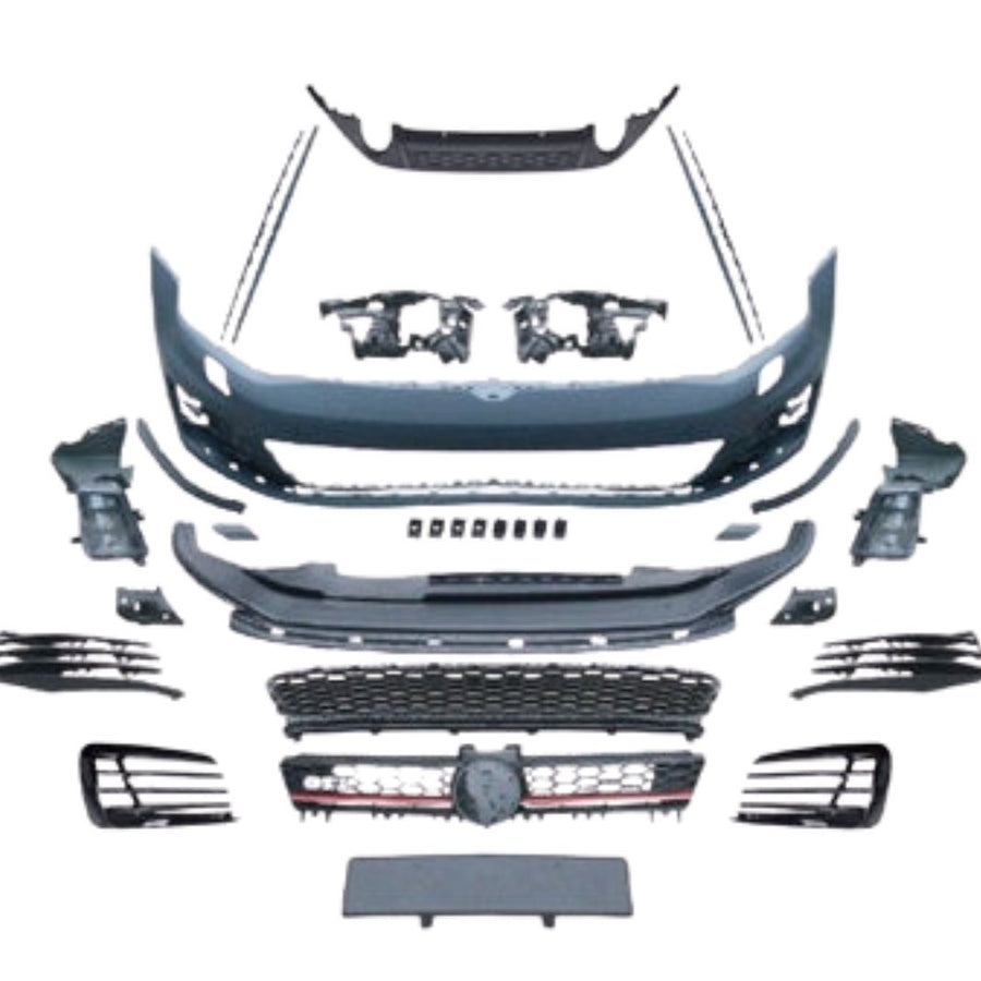 Set complet piese caroserie kit exterior GTI compatibil cu Volkswagen Golf 7 (2013-2017), prezentare din unghi superior, incluzând bare față și spate, grile, spoilere și accesorii din polipropilenă de înaltă calitate.