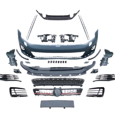 Set complet piese caroserie kit exterior GTI compatibil cu Volkswagen Golf 7 (2013-2017), prezentare din unghi superior, incluzând bare față și spate, grile, spoilere și accesorii din polipropilenă de înaltă calitate.