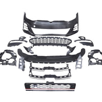 Piese componente din plastic ABS pentru kit exterior complet GTI, compatibil Volkswagen Golf 7 (2013-2017), vedere de sus, aranjate pe set complet.