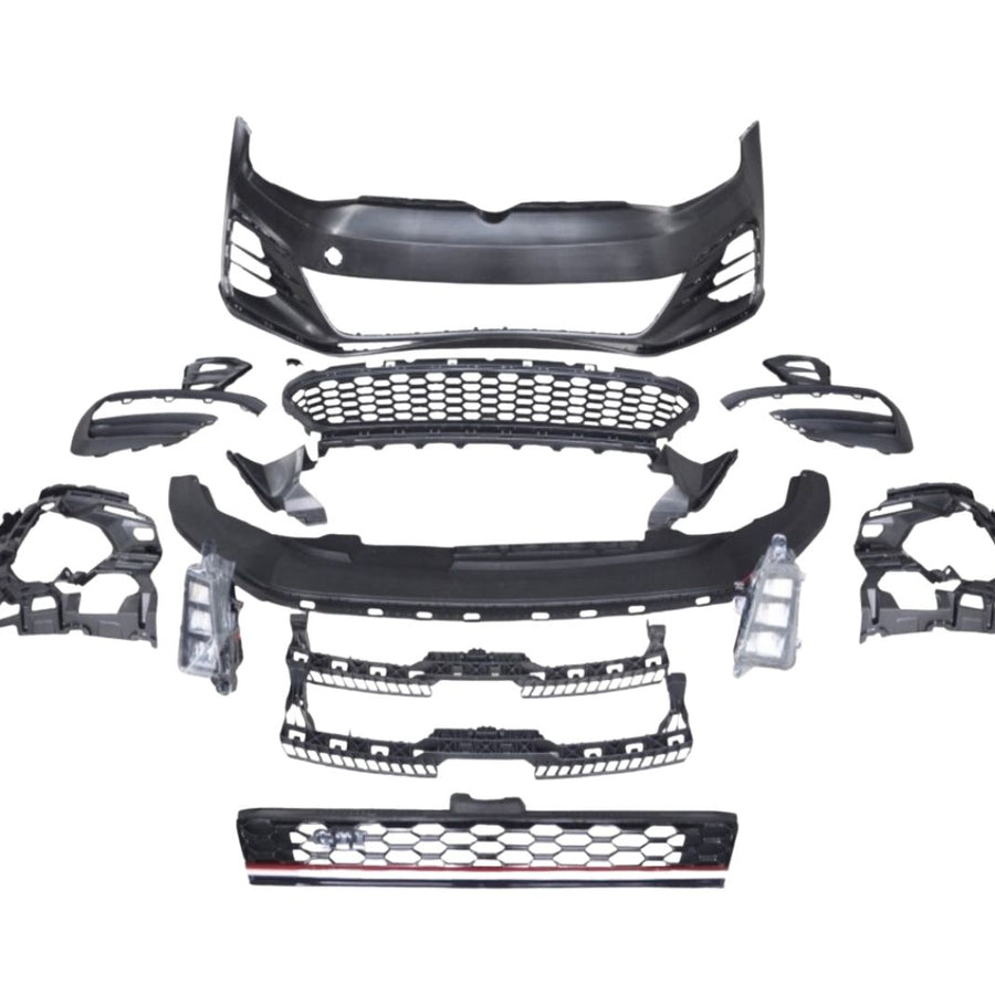 Piese componente din plastic ABS pentru kit exterior complet GTI, compatibil Volkswagen Golf 7 (2013-2017), vedere de sus, aranjate pe set complet.