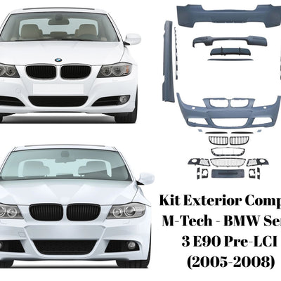 Comparatie vizuală înainte și după montaj kit M-Tech pe BMW E90 Pre-LCI, cu prezentare completă a componentelor pachetului