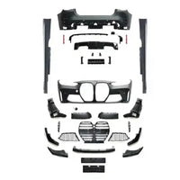 Kit exterior complet compatibil BMW Seria 4 G22/G23 (2020+), aspect M4 – vedere de sus cu toate componentele: bară față, bară spate, grile, difuzor, praguri.