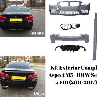 Transformare vizuală completă BMW F10 cu kit exterior M5, înainte și după montaj – bara față, spate, grile și praguri incluse.